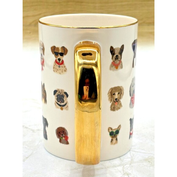 Anthropologie Rifle Paper Co Porcelain Coffee Mug Hot Dogs Gilded Handle & Lid - Picture 2 of 13